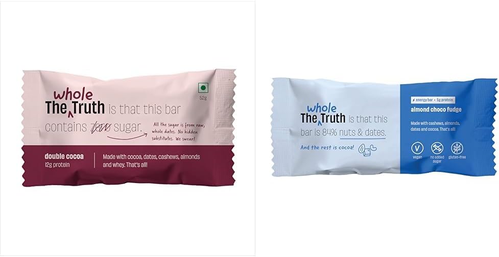 The Whole Truth - Protein Bars | Double Cocoa | Pack of 6 & The Whole Truth - Energy Bars | Almond Choco Fudge | Pack of 6 x 40g