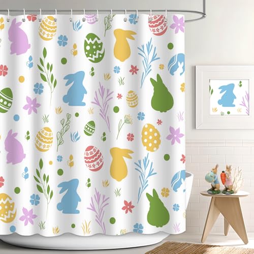APROPHIC Cortina de Ducha de Pascua, Divertido Juego de Cortina de Ducha de Conejo, Cortinas de Baño Impermeables de Color de Huevo, para Decoración de Baño de Pascua, 180 x 180 cm