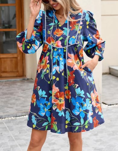Image of EZAPINE Women Floral Babydoll Mini Dress V Neck 3 /4 Puff Sleeves A Line Flowy Swing Summer Sun Dresses