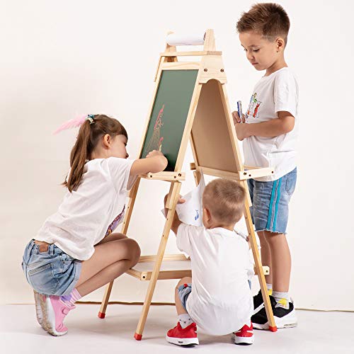 USELUCK Kids Easel with Paper Roll Double-Sided Drawing Easel-Dry Erase Board & Chalkboard Standing Adjustable Height Drawing Easel Board Bonus Magnetics Numbers and Other Accessories for Kids (L)