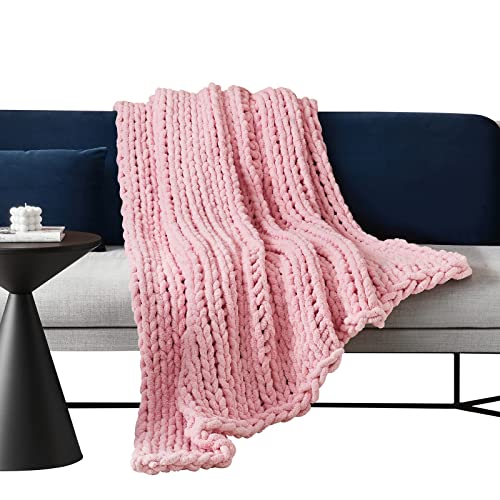 Bedfolks Chunky Knit Blanket Throw - Blush Pink Jumbo Chenille Yarn 100% Hand Knit, Soft And Fluffy Chenille For Couch, Sofa, Bed, Home Decor, 50" X 60" #TOP1