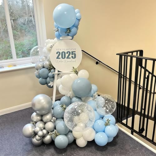 Image of Baby Blue White Winter Wonderland Balloons, 60PCS Dusty Blue and White Metallic Silver Snowflakes Balloons for Ice Snow Wonderland Wedding Birthday Baby Shower Christmas New Year's Party Decorations