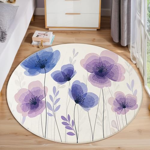 Alfombra Redonda Plantas Frescas De Acuarela Antideslizante, Alfombra Estampado Flores Ramas Hojas Pelo Corto Suave, fácil de Limpiar Azul Alfombras, para Sala de Estar Dormitorio Cocina 90cm