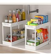 2 Pack Under Sink Organizer - 2 Tier Bathroom and Kitchen Storage Baskets with Hooks, Black