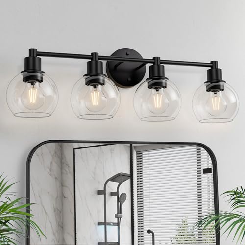 Image of 4 Lights Bathroom Vanity Light Fixtures Black, Bathroom Lights Over Mirror, Industrial and Farmhouse 4 Lights Wall Sconce, Matte Black Globe Vanity Lighting Fixtures