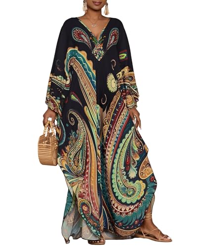 Bsubseach Kaftan Kleider für Damen Böhmischer Strandüberzüge und Taschen Übergröße Schwarz