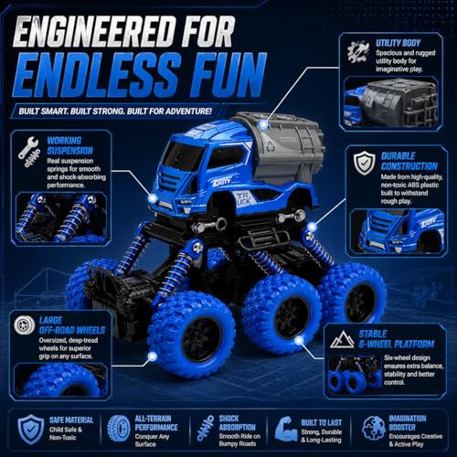 Image of Die Cast Monster Truck Toy for Kids | Heavy Duty Vehicle with Big Wheels | Strong Metal and ABS Plastics Build | Action Packed Push Play Truck | Gift Choice Blue Colour