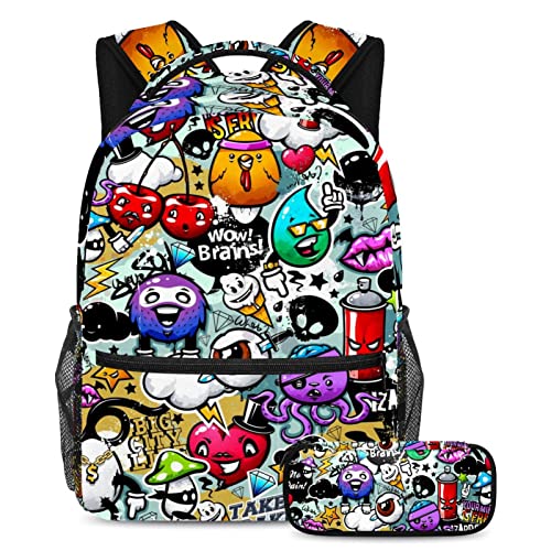 Juego de bolsa escolar con patrón de graffiti de dibujos animados para adolescentes, niñas, niños, mochila para estudiantes con estuche para lápices para primaria secundaria junior, multicolor,
