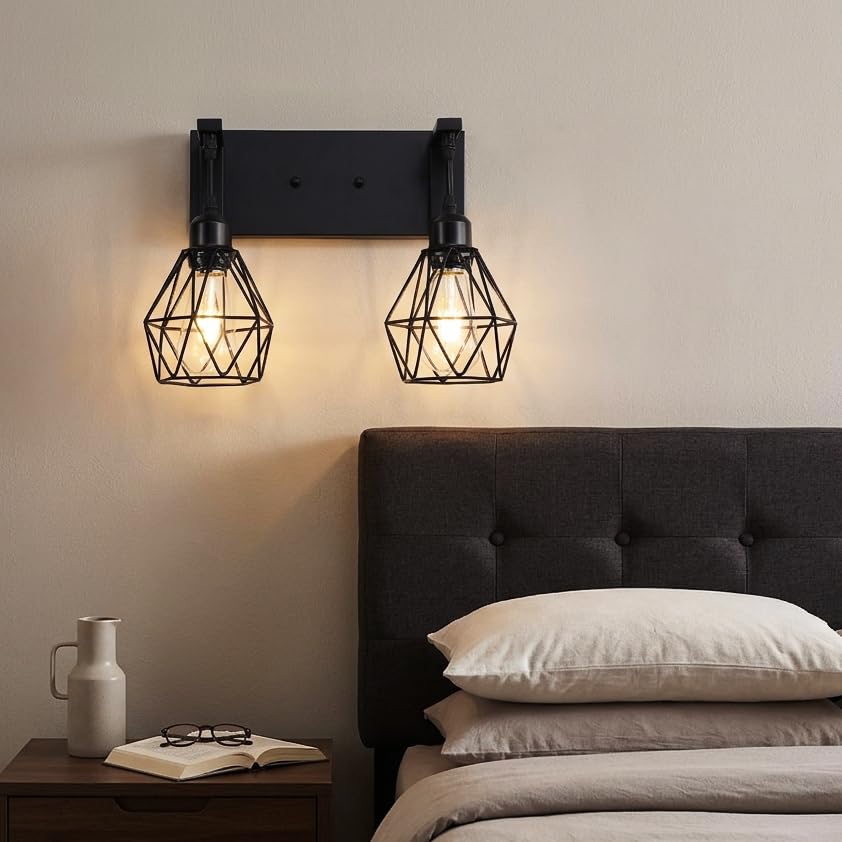 Image of Somniferous Farmhouse Bathroom Light Fixtures, 2 Light Bathroom Vanity Light Over Mirror, Black Bathroom Light with Caged Metal Shade, Rustic Wall Sconce for Bedroom, Living Room, Hallway, E26 Socket