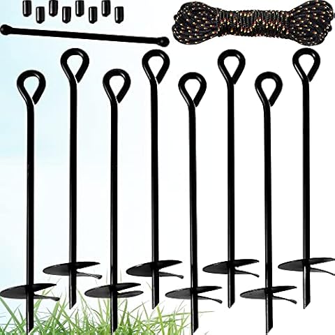 Gray Bunny Shed Anchor Kit 8 pk, 15" - Includes Metal Torque Bar, 25 Feet Long Rope and Carrying Sack, Trampoline Anchors - 3" Wide Helix Ground Anchors for Camping, Tents, Shed, Swing Set Anchors Cover