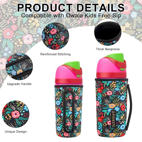 Image of Water Bottle Sleeve with Handle for Owala Kids FreeSip 16oz, Water Bottle Scratch Resistant Sleeve, Neoprene Cover Compatible with Owala 16 oz for Boys Girls School Travel (Garden Alike)