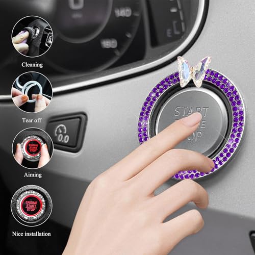 Image of DXNQ 2PCS Bling Ring Emblem, Sparkling Butterfly Car Buttons and Knobs Ring, Girly Butterfly Diamond Car Engine Start Button Cover, Key Ignition Knob Rings Decoration for Women (Purple, Double Row)