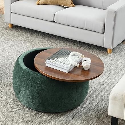 Image of Elegent Debe Round Coffee Table with Wooden Top, Storage Ottoman Tables for Living Room, Centre Tables,Farmhouse Wood Drum Coffee OttomanTable,Multipurpose Storage Ottomans - Green