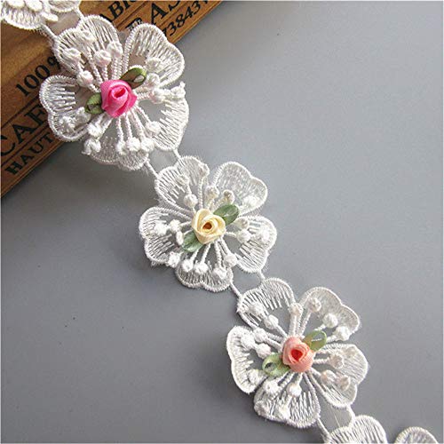 15Pcs Flower Lace Ribbon Edge Trim With Pearl Beads Polyester Voile Colored Buds Floral Vintage White Edging Trimmings Fabric Embroidered Applique Sewing Craft Wedding Dress (Style 3) #TOP7