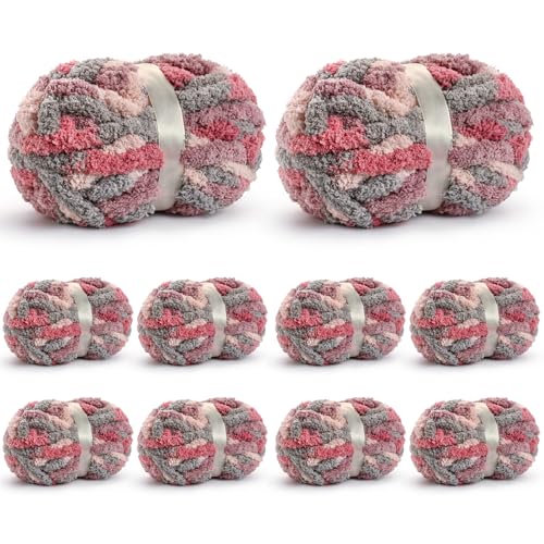 Image of 10 Pack Jumbo Chunky Yarn for Hand Knitting, Fluffy Chunky Chenille Yarn for Crocheting, Variegated Chunky Knit Baby Blanket Yarn, 240 yds /70.5 oz Super Bulky Yarn(Grey-Pink-Purple)