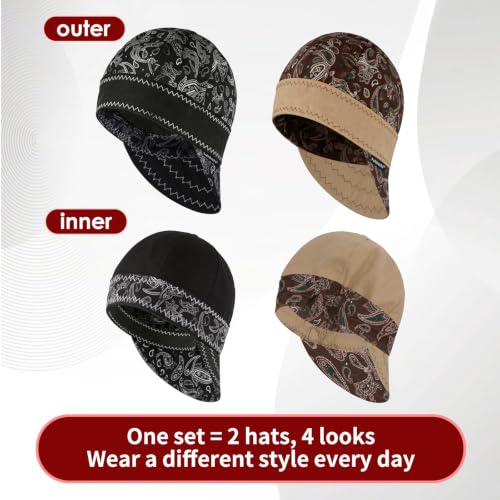 Image of Fullsheild Mens Women's Cotton Welding Cap FR Reversible Welder Caps Hat One Size for Welder Electrician Power Gas Oilfield (US, Alpha, One Size, Paisley Brown&Black-2pcs)