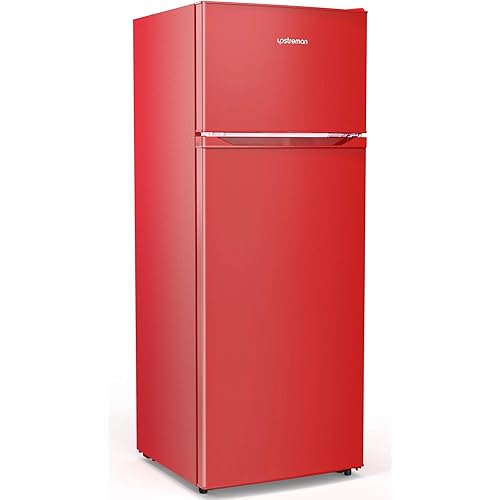 Upstreman 7.7 Cu Ft Refrigerator with Freezer, Double Door Fridge with Adjustable Thermostat Reversible Door, Large Capacity Refrigerator for Apartment, Dorm, Office, Kitchen, Red (BD-75)