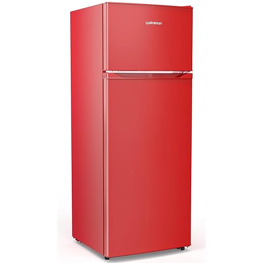 Upstreman 7.7 Cu Ft Refrigerator with Freezer, Double Door Fridge with Adjustable Thermostat Reversible Door, Large Capacity Refrigerator for Apartment, Dorm, Office, Kitchen, Red (BD-75)