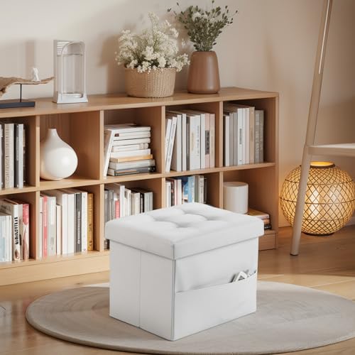 Image of Bsketa Storage Ottoman Bench,17 Inch Folding Leather Foot Rest Stool, White | Small Ottoman with Side Pockets, Thicker Foam Padded Seat, Livingroom, Dorm, Bedroom, Easy to install, 43L,17x13x13in