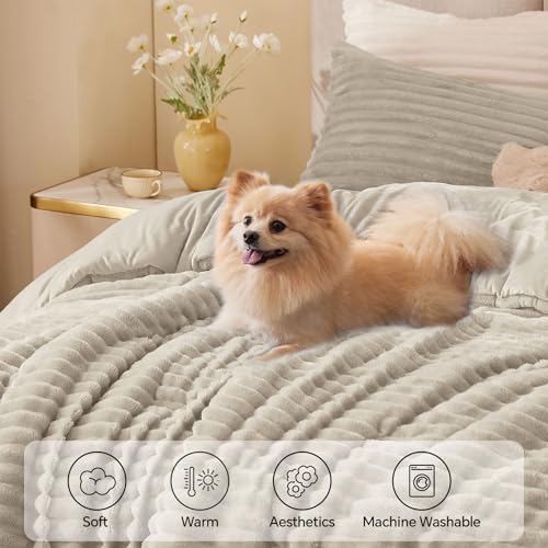 BEDELITE Fleece Queen Comforter Set -Super Soft & Warm Fluffy Linen Bedding, Luxury Fuzzy Heavy Bed Set for Winter with 2 Pillow Cases