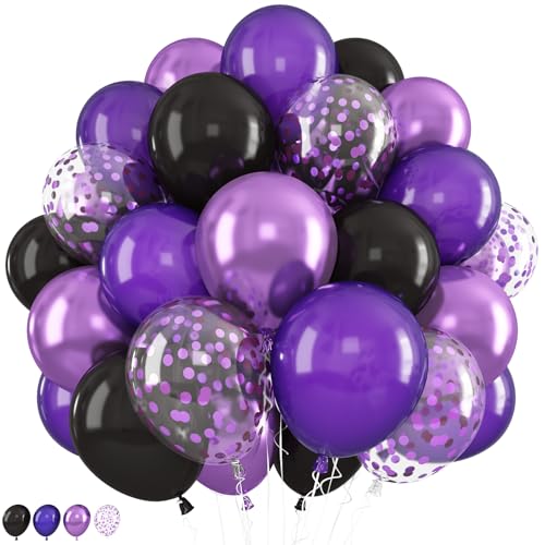 Image of Purple and Black Balloons, 12 Inch Metallic Purple Black Party Balloons Confetti Latex Helium Balloon for Halloween Graduation Birthday Wedding Party Decorations
