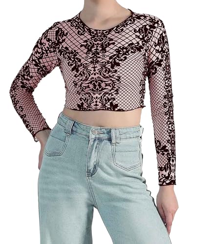 Image of ICW Women Long-Sleeves Round Neck Net Printed Transparent Mesh Sheer Crop Top T-Shirt DN38(Mix Print)