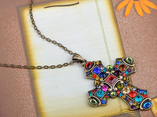Image of Alilang Ornate Antique Golden Tone Colorful Rhinestone Cross Pendant Necklace