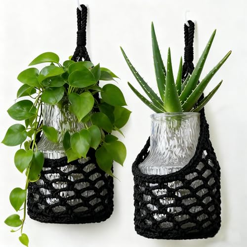 HOREAKHJ Macrame Wall Plant Hanger, Hanging Planter Basket Holder, Wall Planters for Indoor Plants, for Up to 6 Inch Pot (Black, 6-Inch)