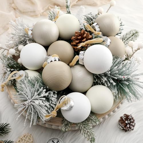 Suilung 12 Pcs Neutral Textured Christmas Ball Ornaments 2.4 Inch Rustic Matte Cream Ivory White Taupe Xmas Baubles Antique Farmhouse Xmas Tree Decorations Modern Christmas Home Decor for Tree Holiday by Suilung - Used condition - US$5.34
