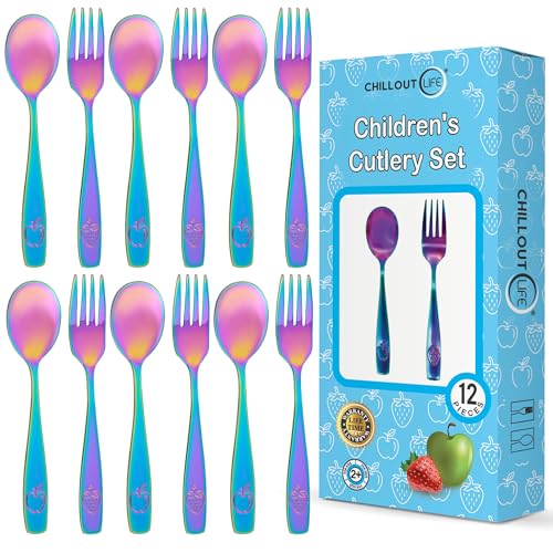 Image of CHILLOUT LIFE Stainless Steel Kids Silverware Set 12 Pieces - Child and Toddler Safe Flatware - Kids Utensil Set - Metal Kids Cutlery Set (Includes 6 Small Kids Spoons & Kids 6 Forks, UV Rainbow)