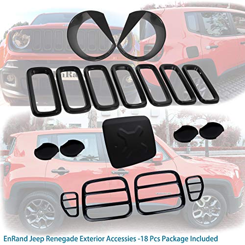 EnRand Door Handle Cover,Gas Tank Cover,Tail Light Cover Guard,Front Light Bezel Headlight Cover Trim and Front Grill Grille Inserts for Jeep Renegade - 18pcs Black