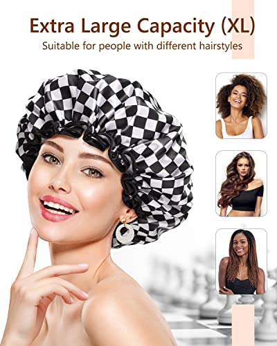 Mikimini Shower Cap For Women, Reusable, Double Layers Waterproof Large Bathing Shower Hat With Soft Comfortable Peva Lining, Non-Fading, Stretchy & Shower Cap For Long Hair X-Large Pack Of 1 Checkerboard #TOP2