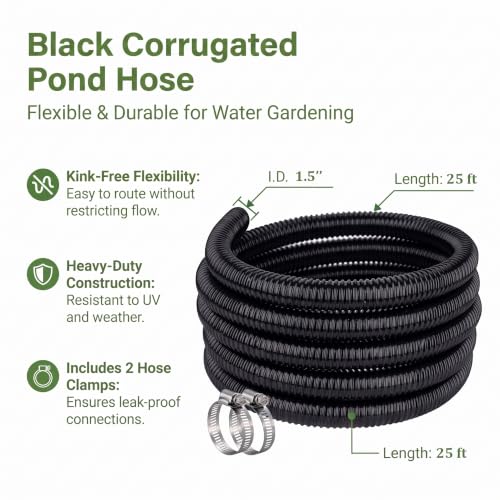Image of Pond Hose 1-1 /2 inchID x 25ft Black Corrugated Flexible Pump Tubing & 2 Clamps | Reinforced Water Hose Vinyl Tubing for Sump Pump Pond Fountain Garden Waterfall, Non-toxic & Kink-proof (1.5in - 25ft)