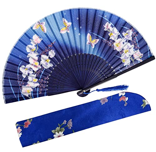 Amajiji 8.27"(21cm) Hand Held Bamboo Silk Folding Fan Hand Fan,Chinese/Japanese Charming Elegant Vintage Retro Style,Women Ladys Girls Best Gifts (Blue Orchid)