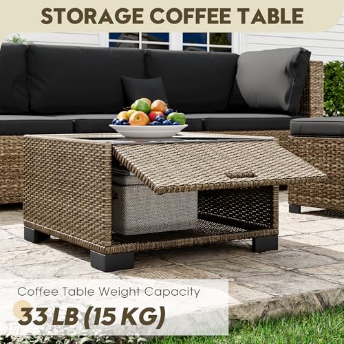 Image of LHBcraft 7 Piece Outside Sectional Furniture Set, All Weather Wicker Patio Sofa, Outdoor Sectional Balcony Furniture with Black Cushion & Glass Coffee Table