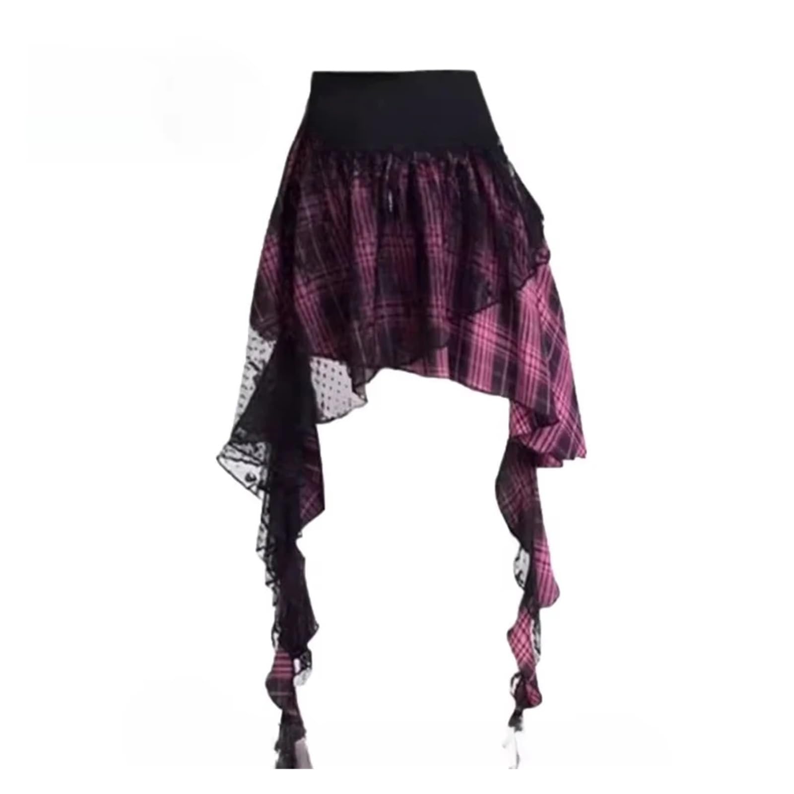 Gsxlz Women's Pink Black Plaid Goth Skirt Plaid Lace Patch Rock Punk Skirts Gothic Irregular Skirt High Waist(,L)