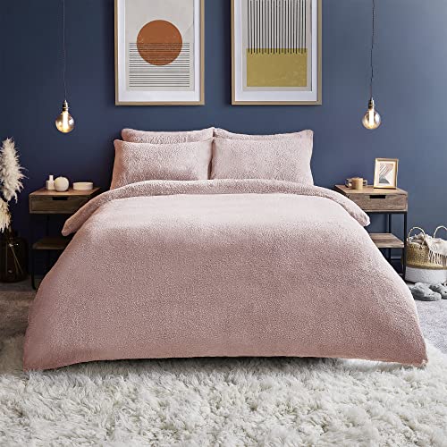 Silentnight Teddy Fleece Duvet Set Teddy Bear Bedding Fluffy Fleece Duvet Cover and Pillowcase Set Warm Cosy and Super Soft King Size 220x230cm Blush Pink