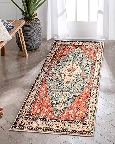 KIMODE Tappeto boho per corridoio, 60 x 130 cm, lavabile, a pelo corto, in morbida lana sintetica antiscivolo, per soggiorno, sala da pranzo, rosso