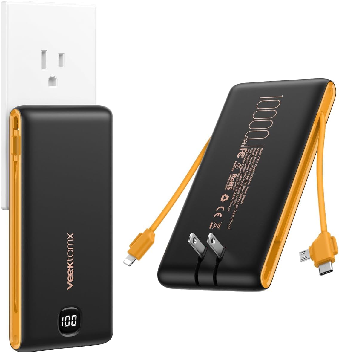 VEEKTOMX Portable Charger with Built in Cables 10000mAh, Power Bank for iPhone with Wall Plug, Travel Essential Fast Charging USB C Slim External Battery Pack for iPhone 17/16/15, Samsung, iPad, etc BLACK Yellow