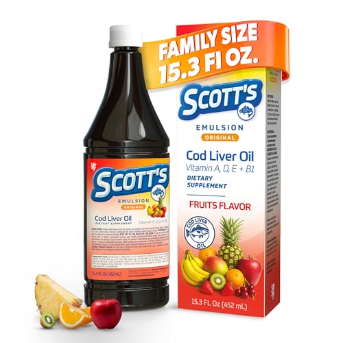 SCOTT'S EMULSION Cod Liver Oil Liquid – Fruits Flavor – Family Size – Supports Growth, Immunity & Bone Health – Rich in Omega 3 & Vitamins A+D – Easy-to-Take Fish Oil for Kids & Adults – 15.3 Fl Oz