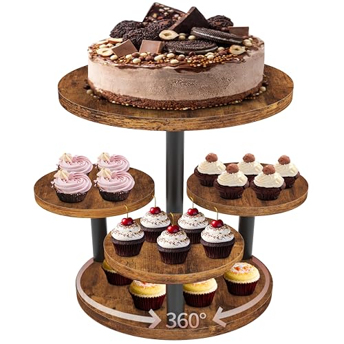 Cupcake Stand, Rotatable Cupcake Stand, Rustic Industrial Wood Cake Stand Cupcake Tower, Dessert Table Display Set Tiered Tray Stand, Round Serving Tray Cake Stands for Party Wedding Birthday by LAIDUOLEOE - Used condition - US$18.62