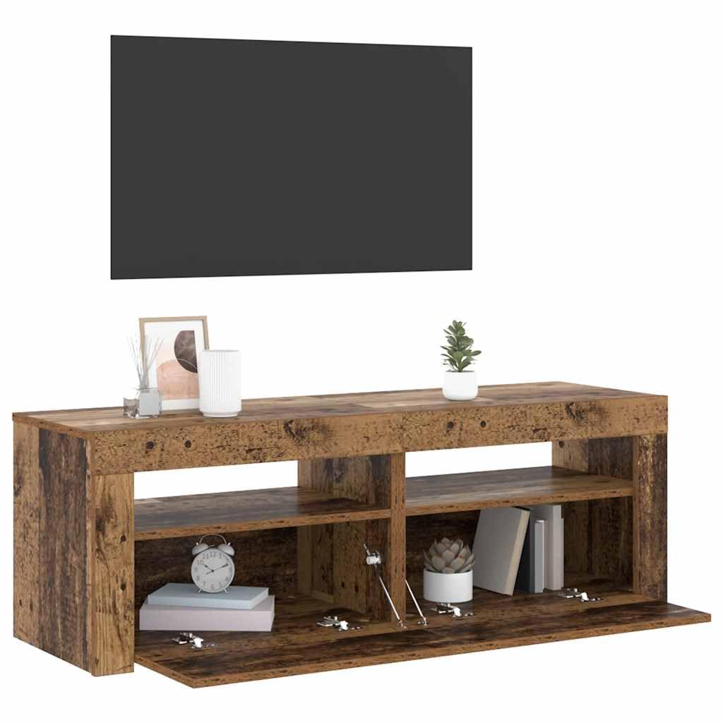 Szafka RTV pod TV z oświetleniem LED RGB, stare drewno, 120x35x40 cm, mebel z przestrzenią do przechowywania, półka dekoracyjna, idealna do salonu i sypialni, łatwy montaż, trwała płyta meblowa