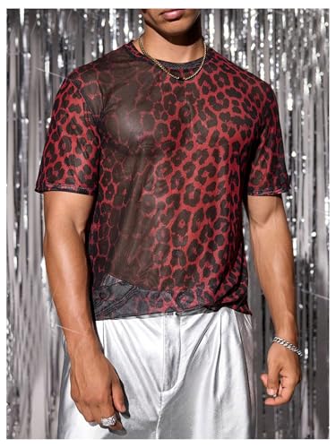 OYOANGLE Men's Leopard Print Sheer Mesh Short Sleeve T-Shirts Party Crew Neck Tee Tops Clubwear4