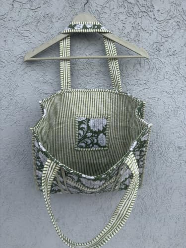 Image of Quilted Cotton Hand printed Reversible Large multicolor cotton Tote Bag,Indian Handmade Block Printed Tote Bag Women Handbag