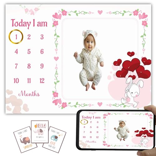 Image of Baby Monthly Milestone Blanket | 1-12 Months | Soft All-Season AC Blanket | Ideal for Newborn Boys & Girls | Perfect Growth Tracker & Photoshoot Prop with Cute Rabbit | 120x90 cm