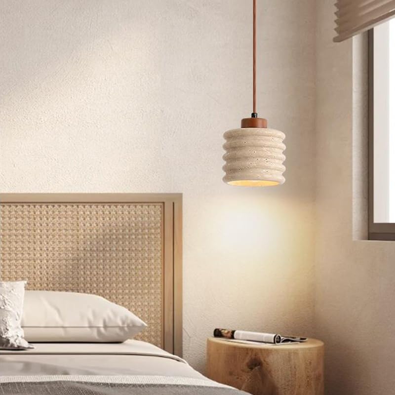 Lampe suspendue en bois et pierre blanche pour salle à manger