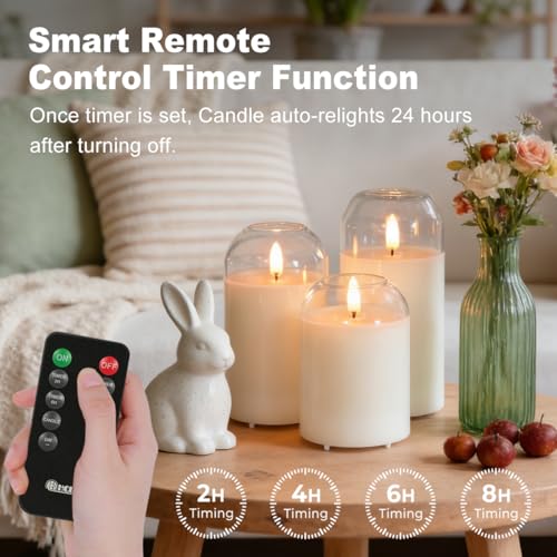 Image of LEDHOLYT Rechargeable Glass Jar Flameless Candles, Realistic Flickering LED Pillar Real Wax Candle with Remote Control and Timer, Ideal for Living Room, Bedroom & Festival Home Decor, 1 Set of 3