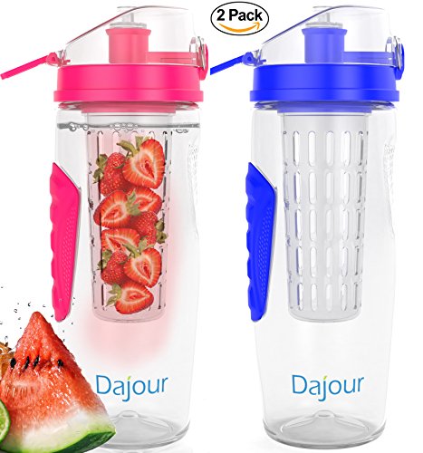 Dajour Fruit Infuser Water Bottle 32 Ounce NO BPA Sports Flavor Infusion Bottle - Plus Recipe Ebook and Cleaning Brush Included (2 Pack - Pink&Blue)
