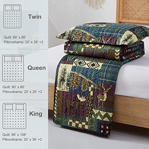 Lodge Plaid Bear Quilt Set King Size Cabin 3-Piece Reversible All Season Bedding Set Rustic Bedspread Coverlet Set, Green #TOP5