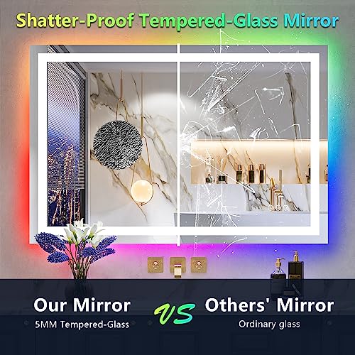 Image of 48x38 Inch RGB LED Bathroom Mirror Front Light and RGB Backlit Lighted Vanity Mirror for Bathroom Wall Mounted Dimmable Anti Fog Memory Shatter-Proof IP54 Waterproof Horizontal /Vertical